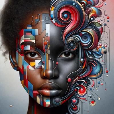 The primary subject of the image is a woman with a colorful and artistic face. She has a black and white face, with a mix of different colors and patterns. The setting is a close-up of her face, and the visual style appears to be a combination of digital art and illustration. The colors and mood of the image are vibrant and lively, with a focus on the woman's unique and creative appearance.